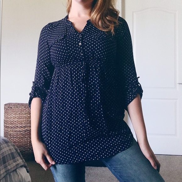 navy and white polka dot top